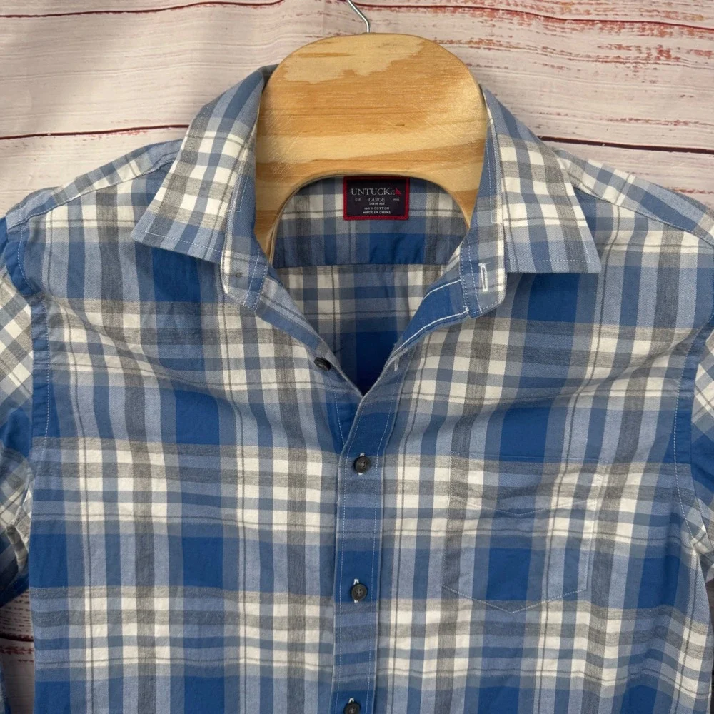 UNTUCKit Shirt Mens Large Slim Fit Blue Grey Plaid Long Sleeve Button Down - Picture 2 of 9